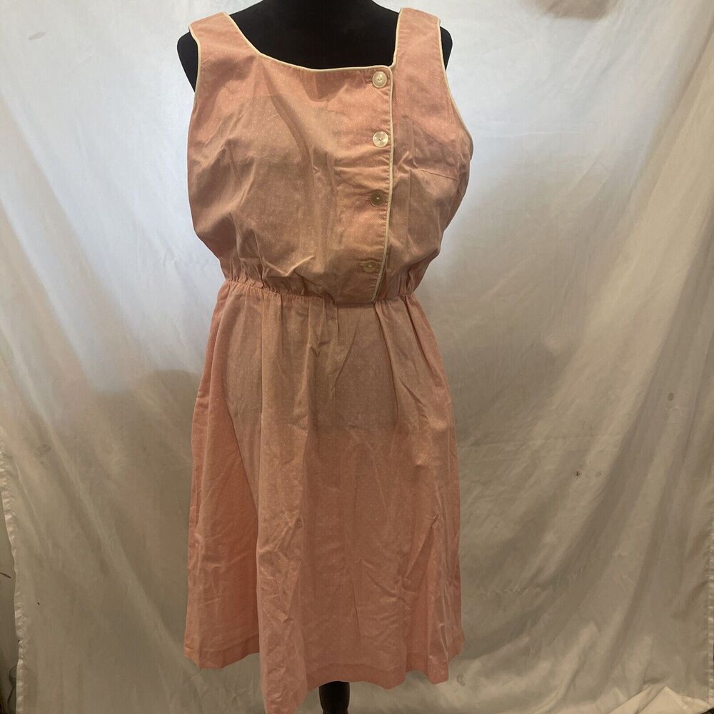Vintage Handmade Coral Pink Print dress Sleeveless white trim 60s 70s